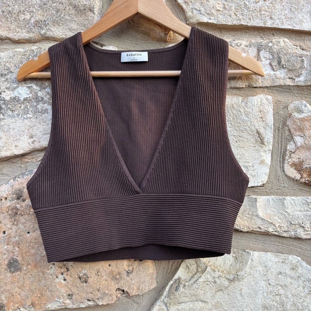 Aritzia Babaton Sculpt Knit Deep V Tank in the color Coffee Bean size large